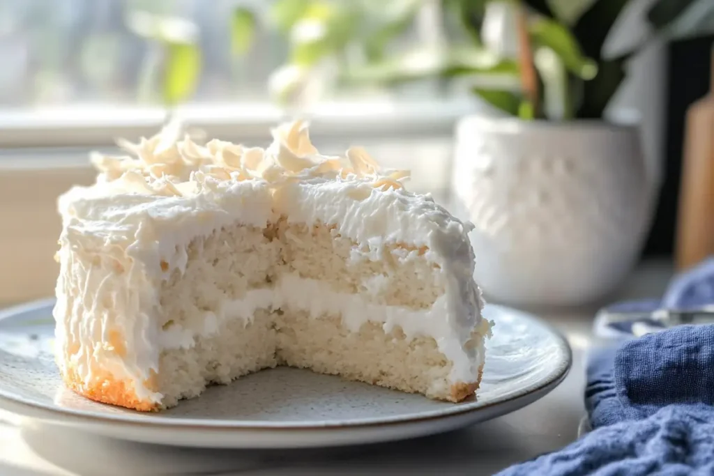 Slice of fluffy dessert on a white plate