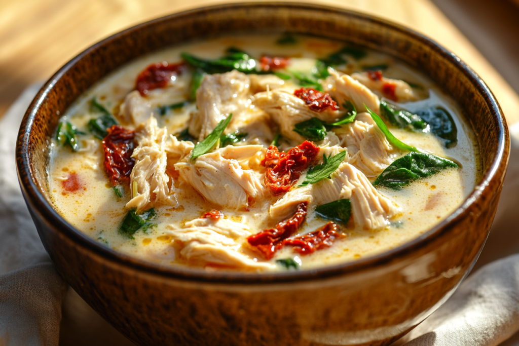 Close-up of chicken soup with sun-dried tomatoes and spinach