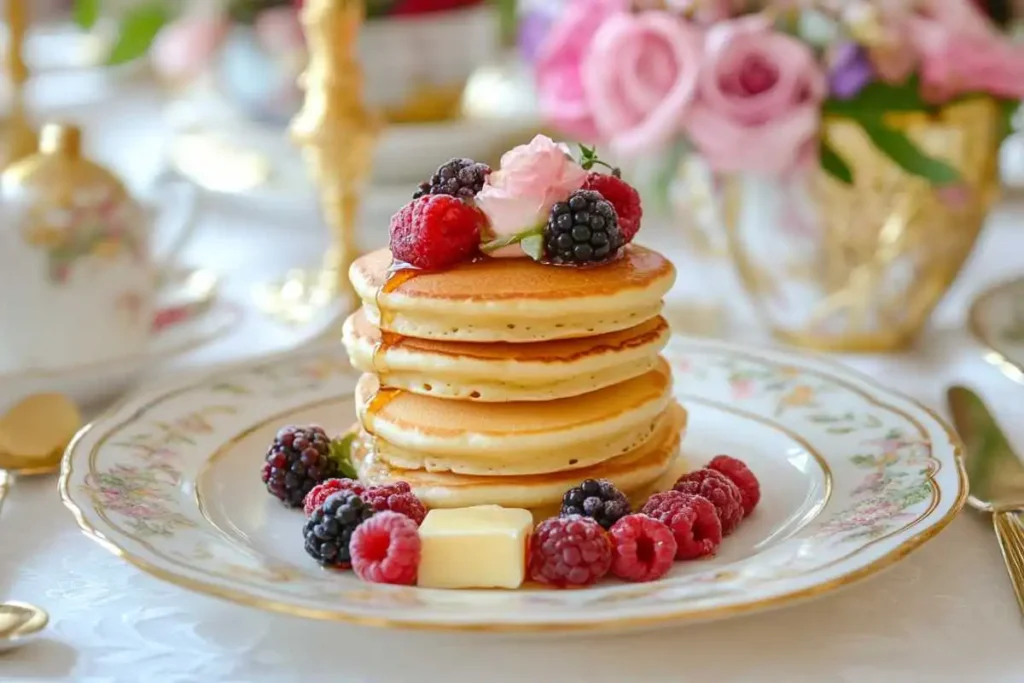 Pancakes served with fresh berries and syrup