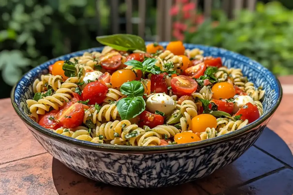 Close-up of pasta salad with fresh basil leaves