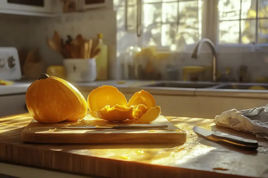 Kabocha squash being peeled with a knife