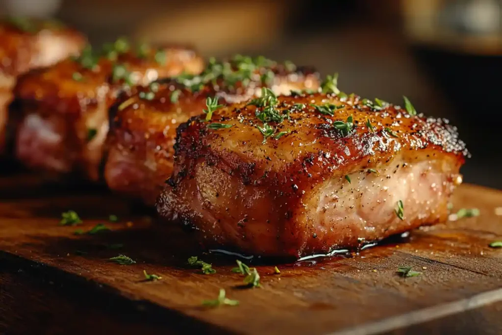 Juicy smoked chicken thighs on a wooden board with herbs