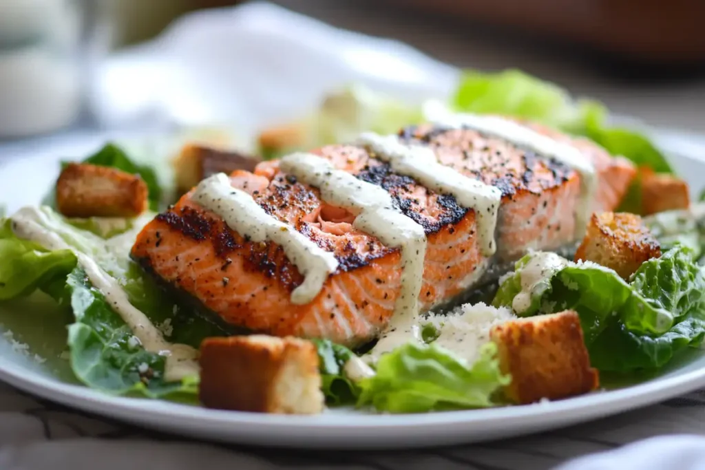 A serving platter of Salmon Caesar Salad with lemon slices on the side.