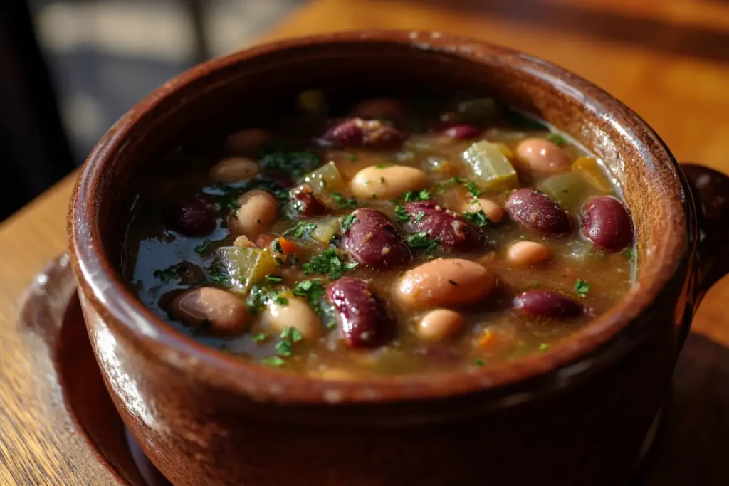 Portuguese bean soup served with crusty bread on a wooden table.