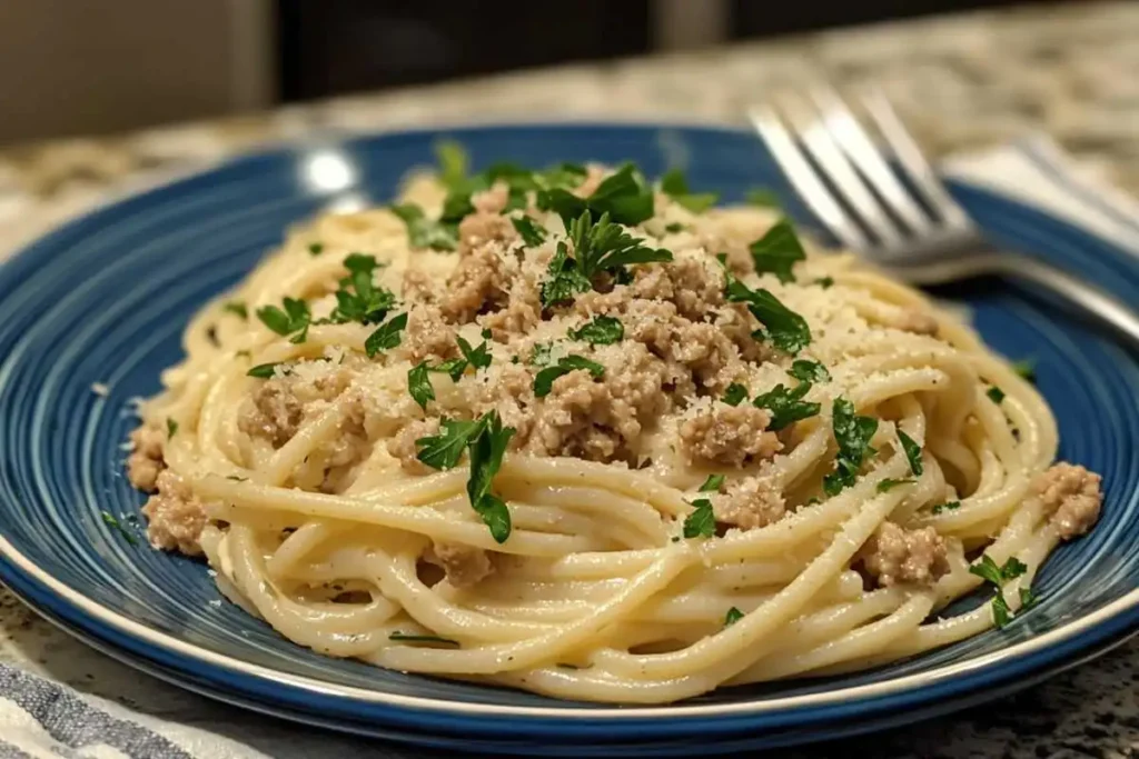 Alfredo sauce being poured over cooked pasta with chicken