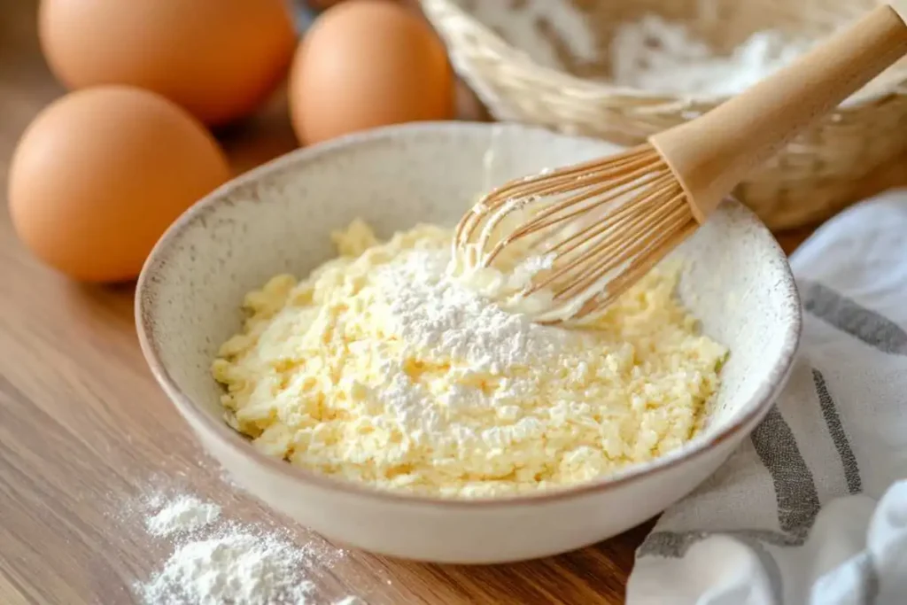 Mixing bowl with hotcake ingredients and whisk