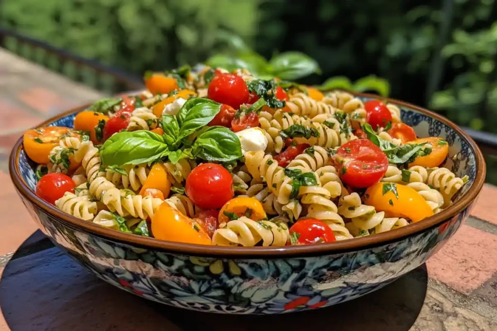 4 Ingredient Pasta Salad in a white serving bowl