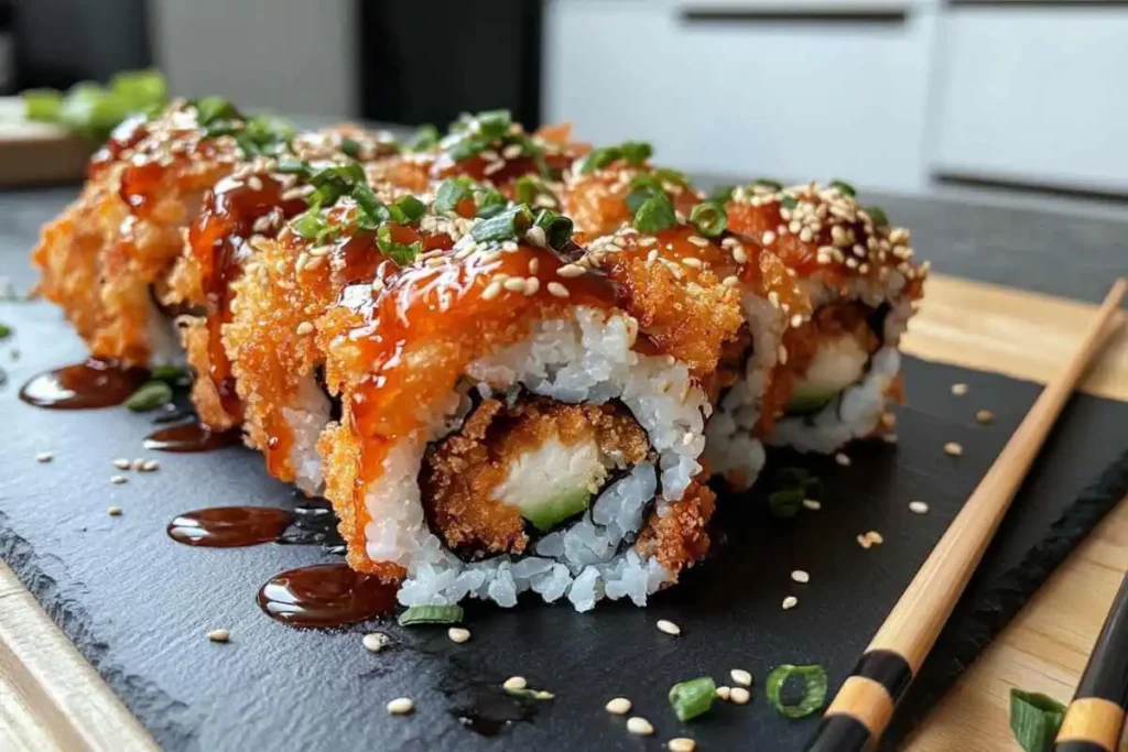 Rolling a Chicken Tempura Roll using a bamboo mat