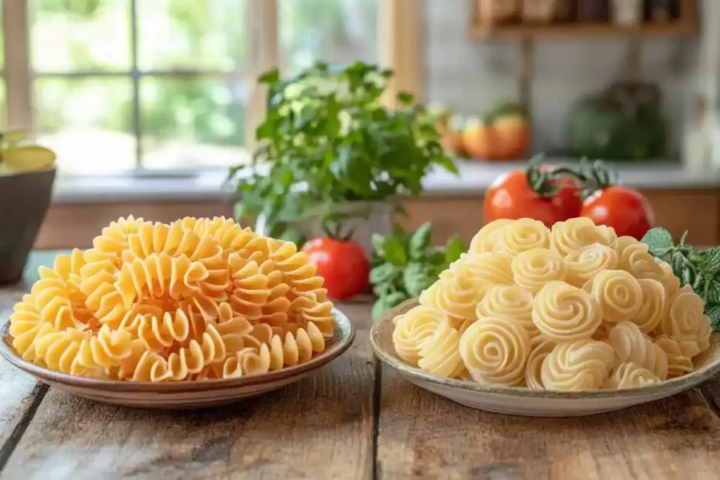 Side-by-side comparison of Rotelle and Rotini pasta, highlighting their distinct shapes and textures on a wooden surface.