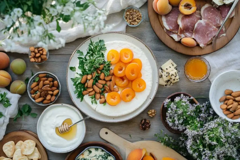 A rustic table setting featuring fresh apricots, creamy cheese, artisan bread, and a wooden serving board, perfect for a cozy brunch or appetizer spread.