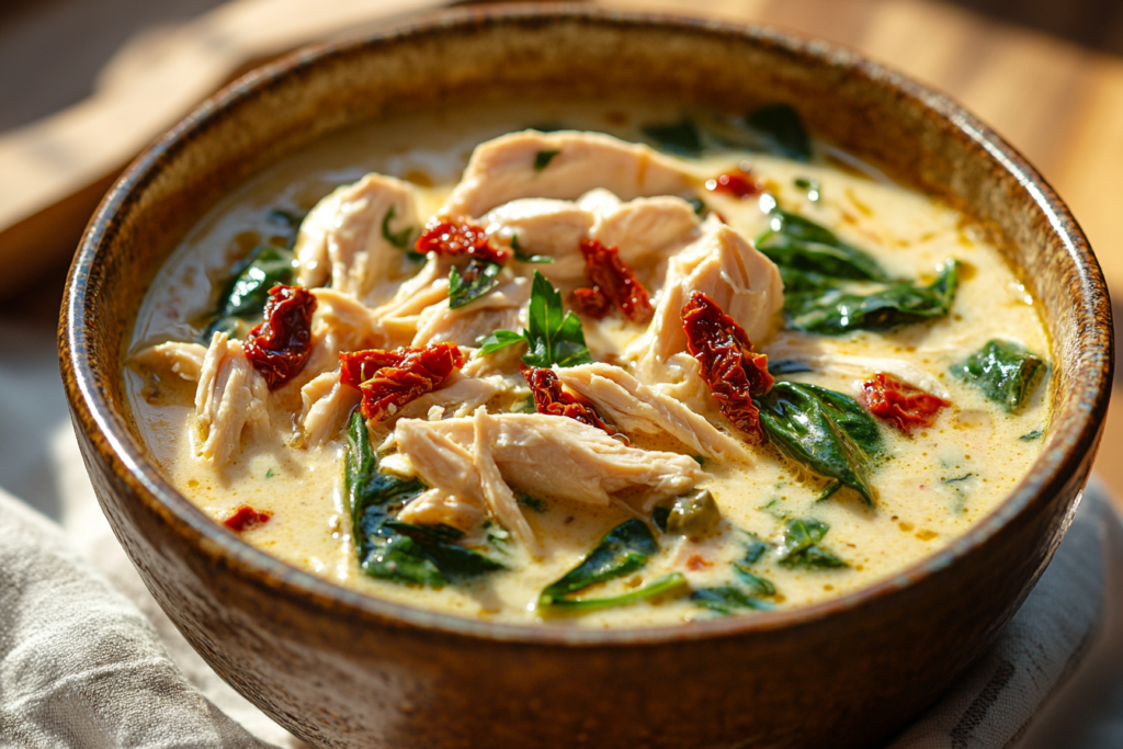 Marry Me Chicken Soup served in a rustic ceramic bowl