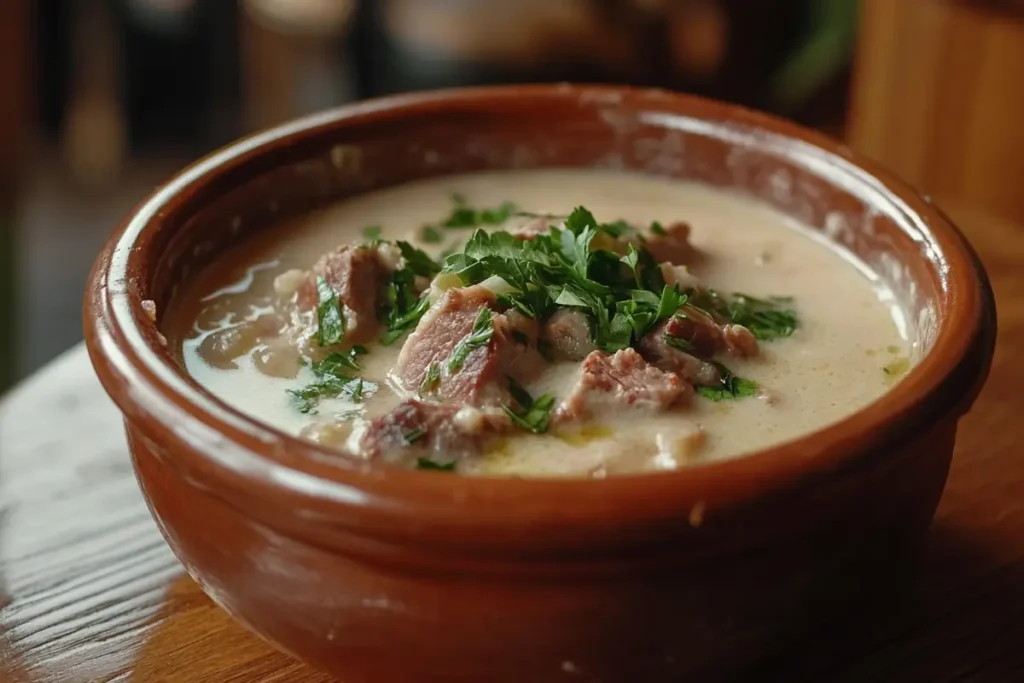 Cream of Bunny Soup served in a rustic bowl with fresh herbs