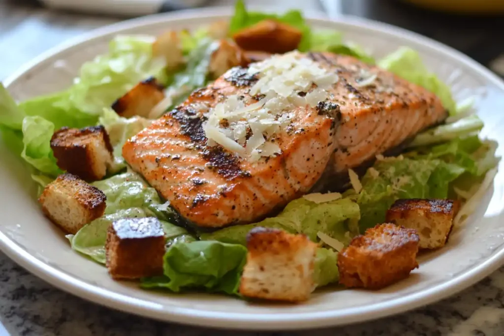 Bowl of Salmon Caesar Salad with dressing drizzled on top.