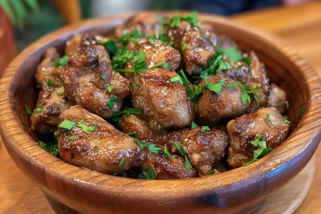 A plate of sautéed chicken hearts garnished with parsley