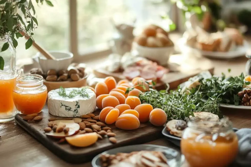 A delicious savory and sweet apricot spread served in a glass jar with fresh apricots and toasted bread on the side, perfect for breakfast or snacks.