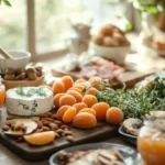 A delicious savory and sweet apricot spread served in a glass jar with fresh apricots and toasted bread on the side, perfect for breakfast or snacks.