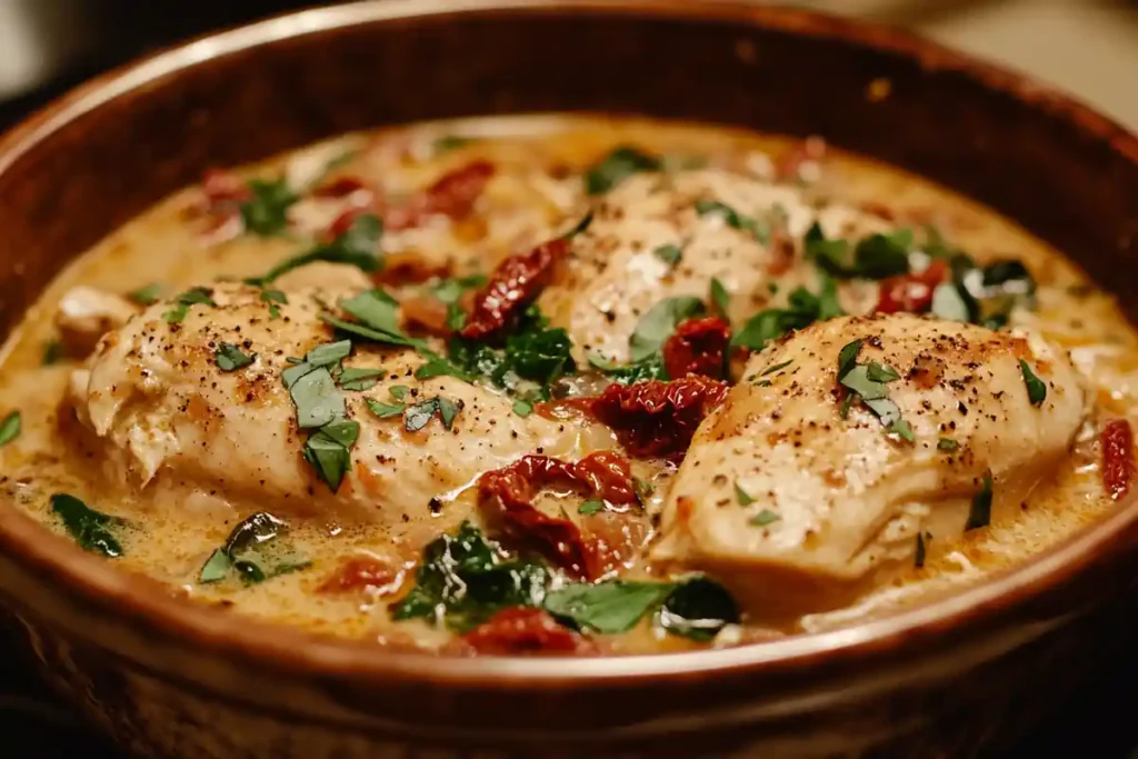 Pot of Marry Me Tuscan Chicken Soup simmering on the stove