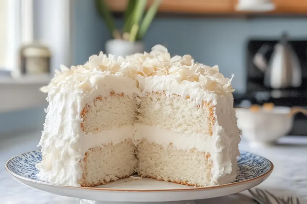 Cloud cake slice with a fork on a rustic table