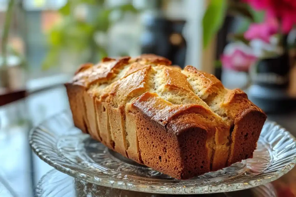 Sliced angular banana bread showing moist interior.