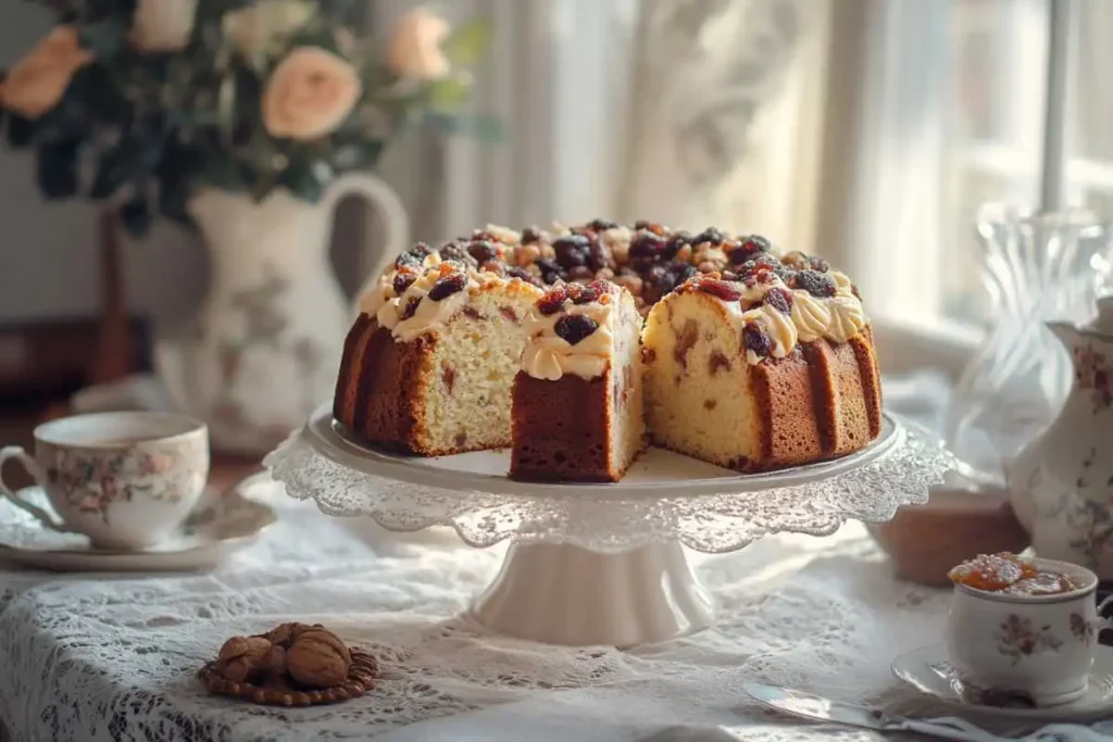 Sliced Bishop Cake with dried fruits and nuts visible