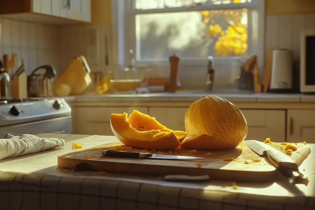  Sliced kabocha squash on a wooden cutting board