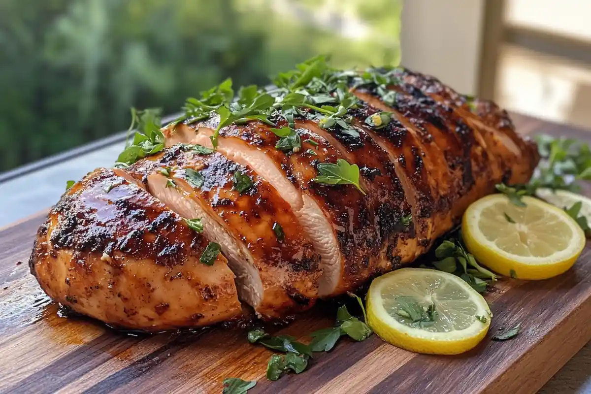 Juicy smoked chicken breast sliced on a wooden board