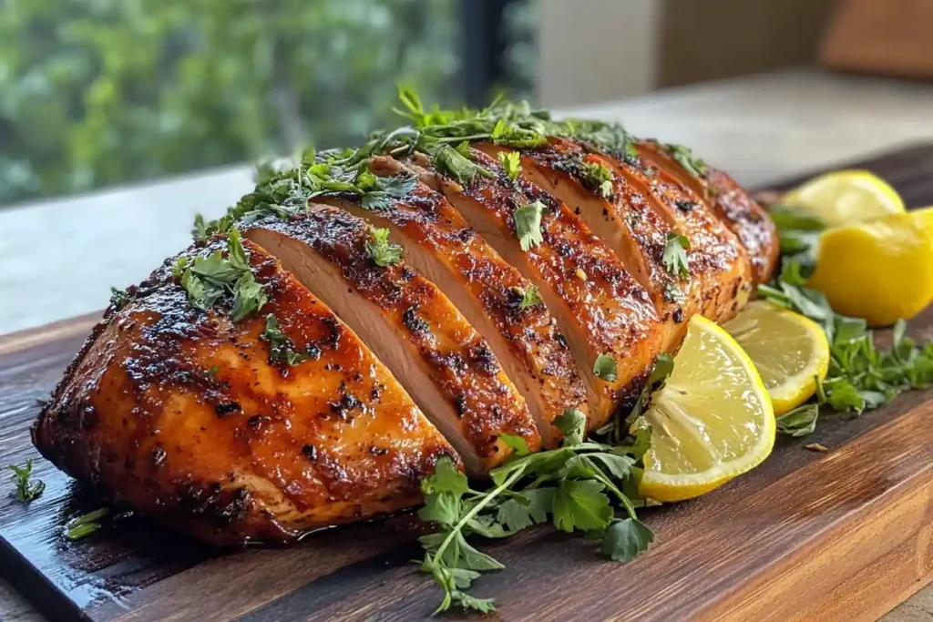 Smoked chicken breast served with grilled vegetables