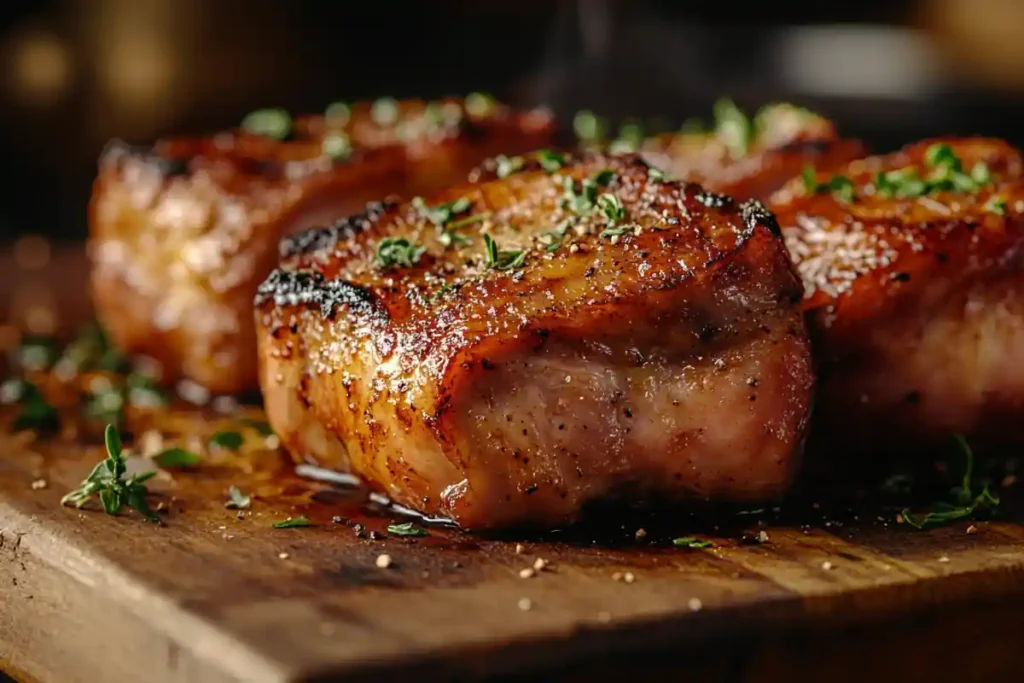 Smoked chicken thighs plated with BBQ sauce and sides