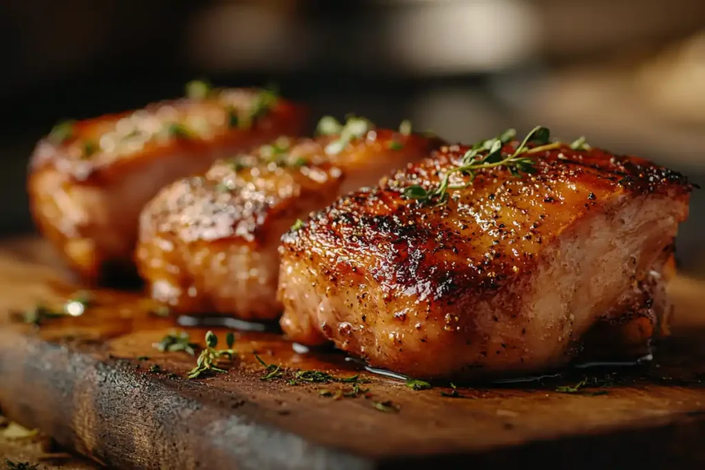 Smoked chicken thighs on a grill with smoke rising