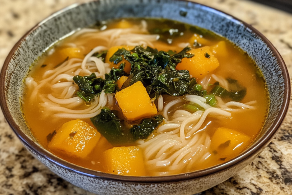 A steaming bowl of spicy kabocha and rice noodle soup, garnished with fresh cilantro and chili flakes, served in a rustic ceramic bowl.