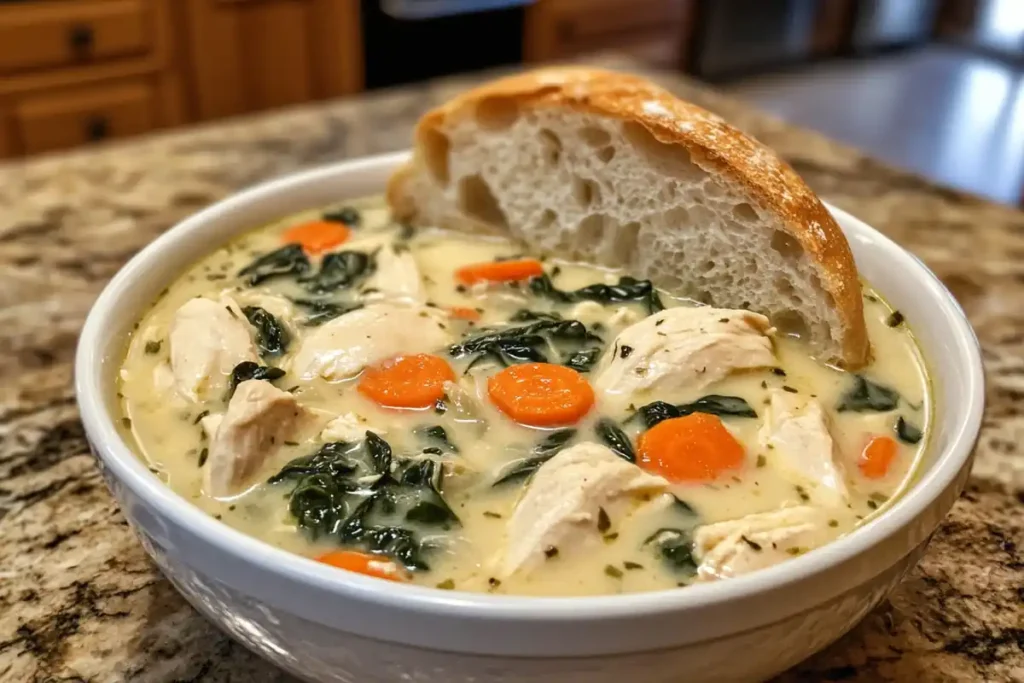 Close-up of a spoonful of Chicken Florentine Soup over a bowl.