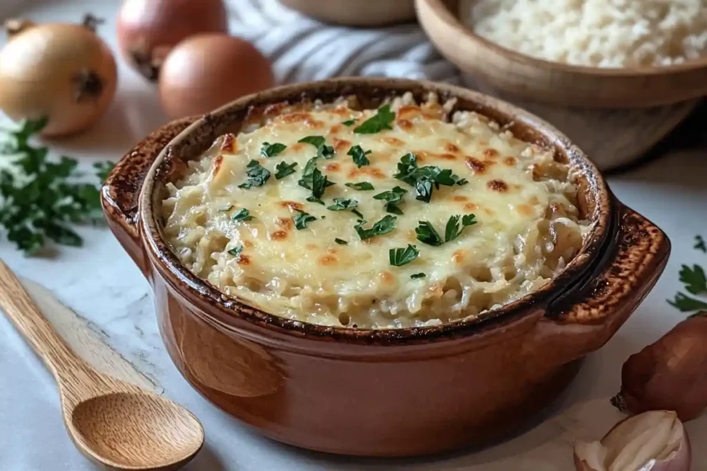 Close-up of a spoon scooping French Onion Soup Rice from a dish.