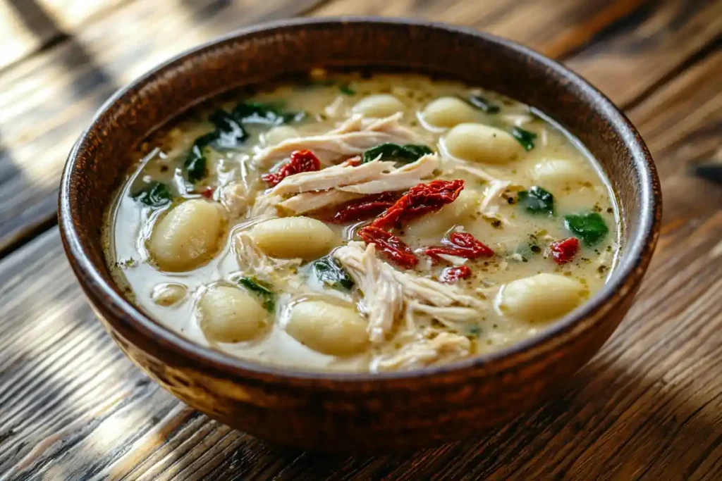 Spoonful of creamy chicken soup with gnocchi and spinach