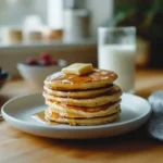 Stack of pancakes on a wooden kitchen counter with maple syrup and butter.