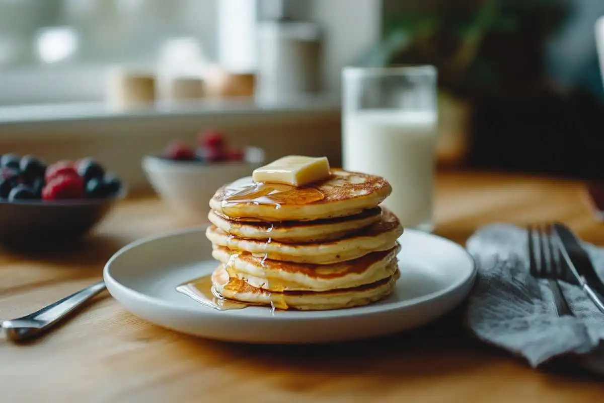 Stack of pancakes on a wooden kitchen counter with maple syrup and butter.