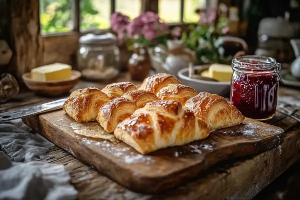 A basket of Gipfeli served with jam and coffee