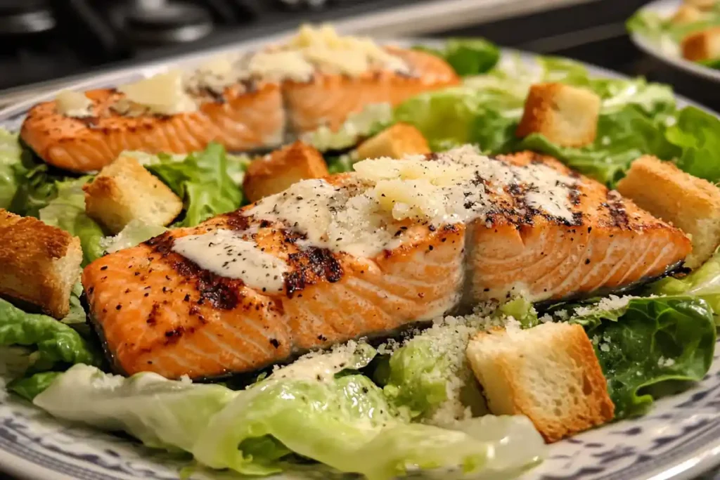 Close-up of a fork lifting a bite of Salmon Caesar Salad.