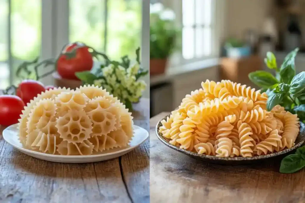 Rotelle and Rotini pasta varieties displayed on a wooden table, highlighting their unique shapes and origins.