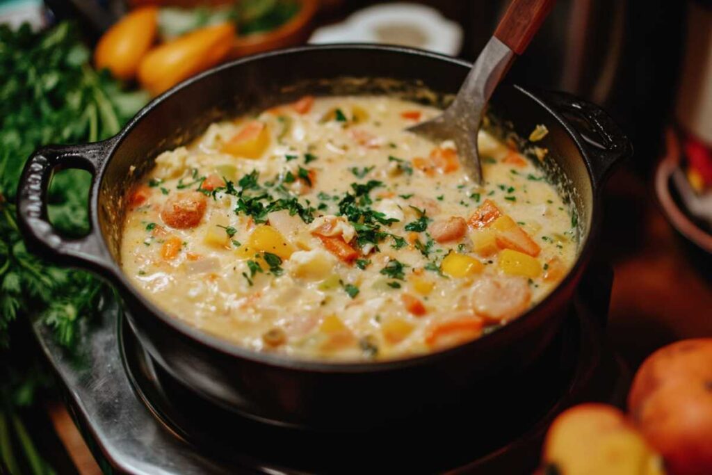 A pot of Caribbean soup being thickened with mashed yams