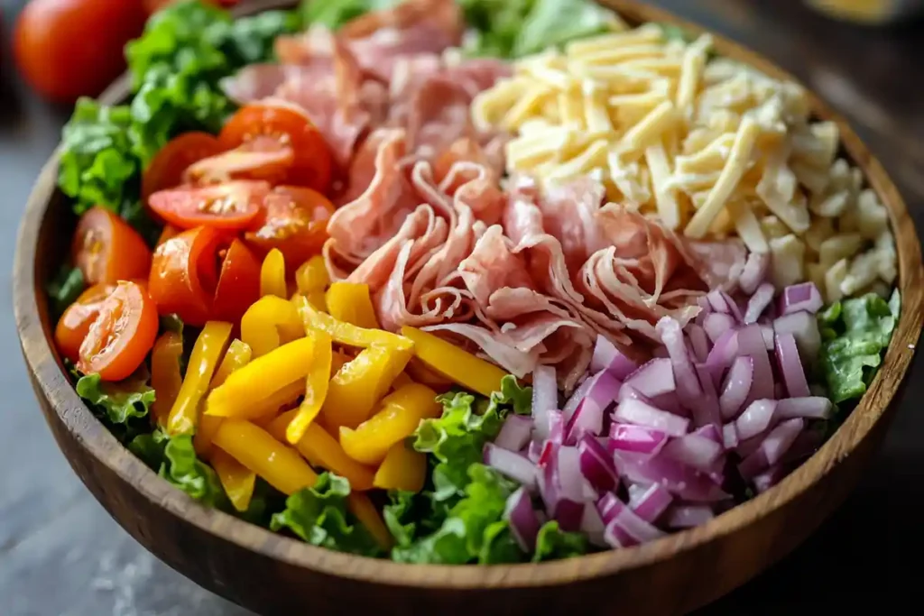 Grinder Salad topped with shredded cheese and banana peppers