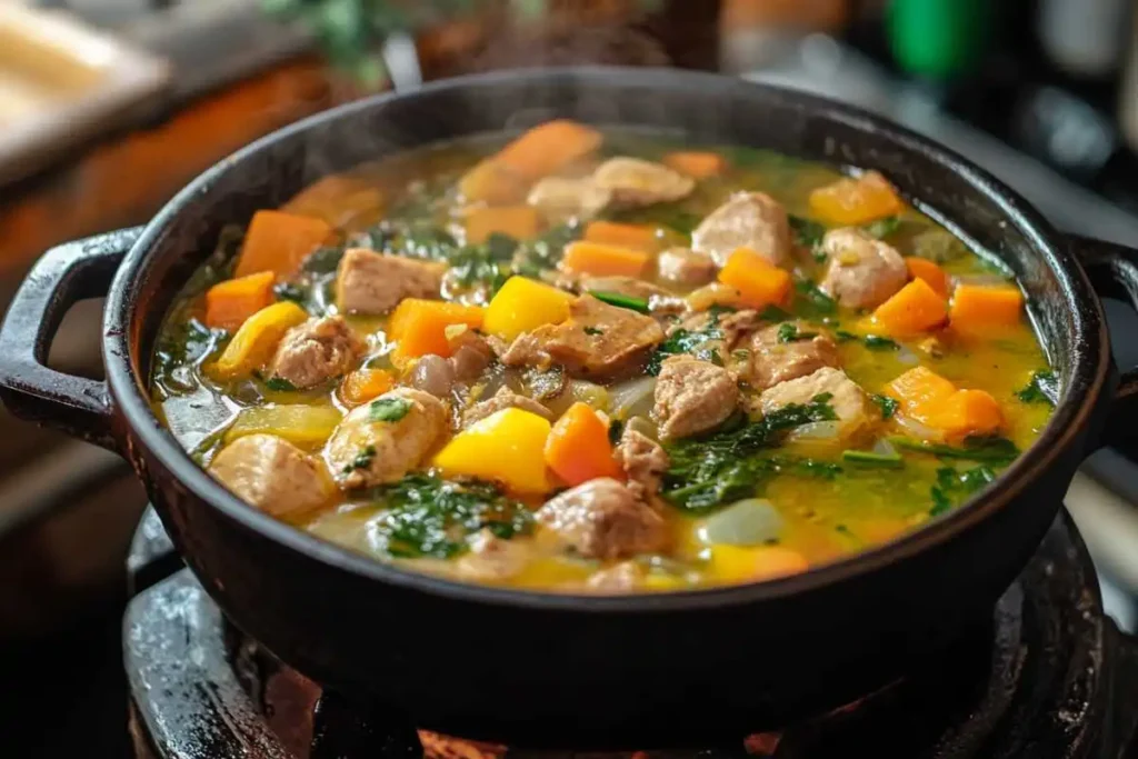 Bowl of Jamaican soup with goat meat, yams, and dumplings