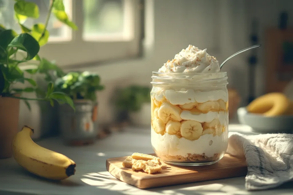 Close-up of vegan banana pudding topped with coconut whipped cream