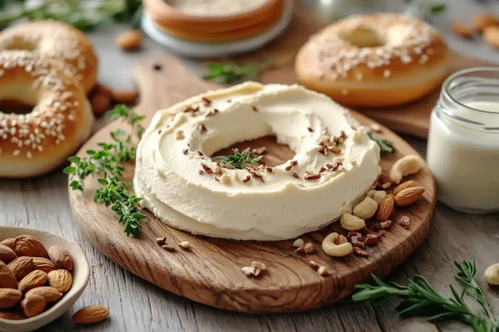 Ingredients for vegan cream cheese on a wooden table.