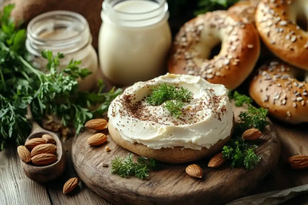 Vegan cream cheese in a ceramic bowl with herbs.