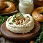 Vegan cream cheese spread on a toasted bagel.