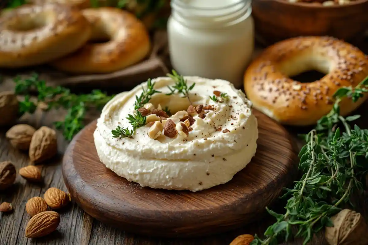 Vegan cream cheese spread on a toasted bagel.