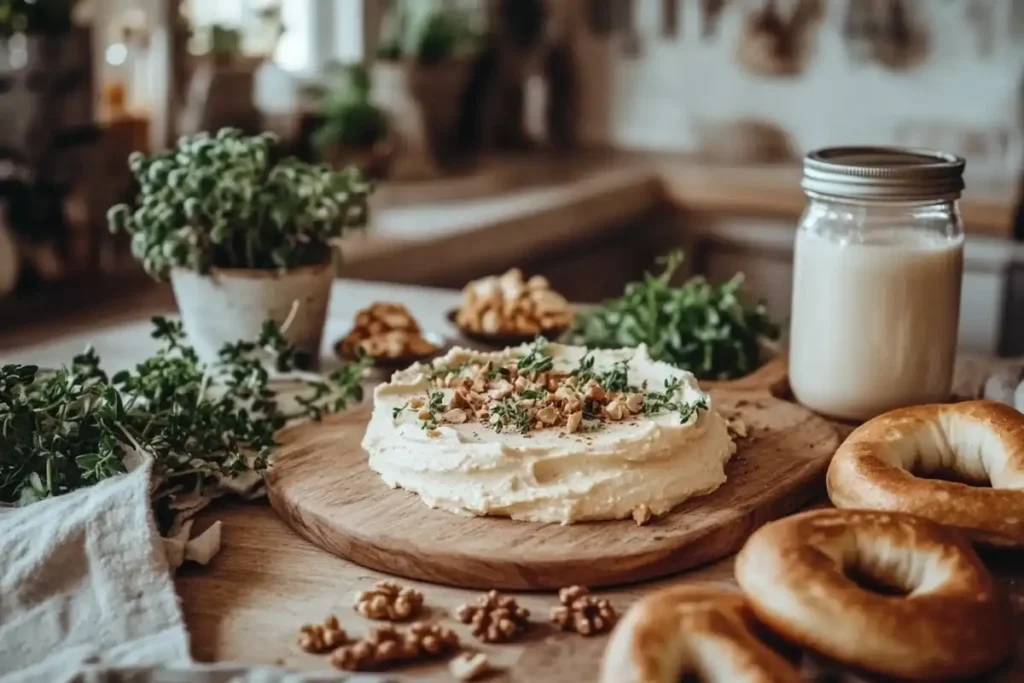  Vegan cream cheese spread with fresh vegetables.