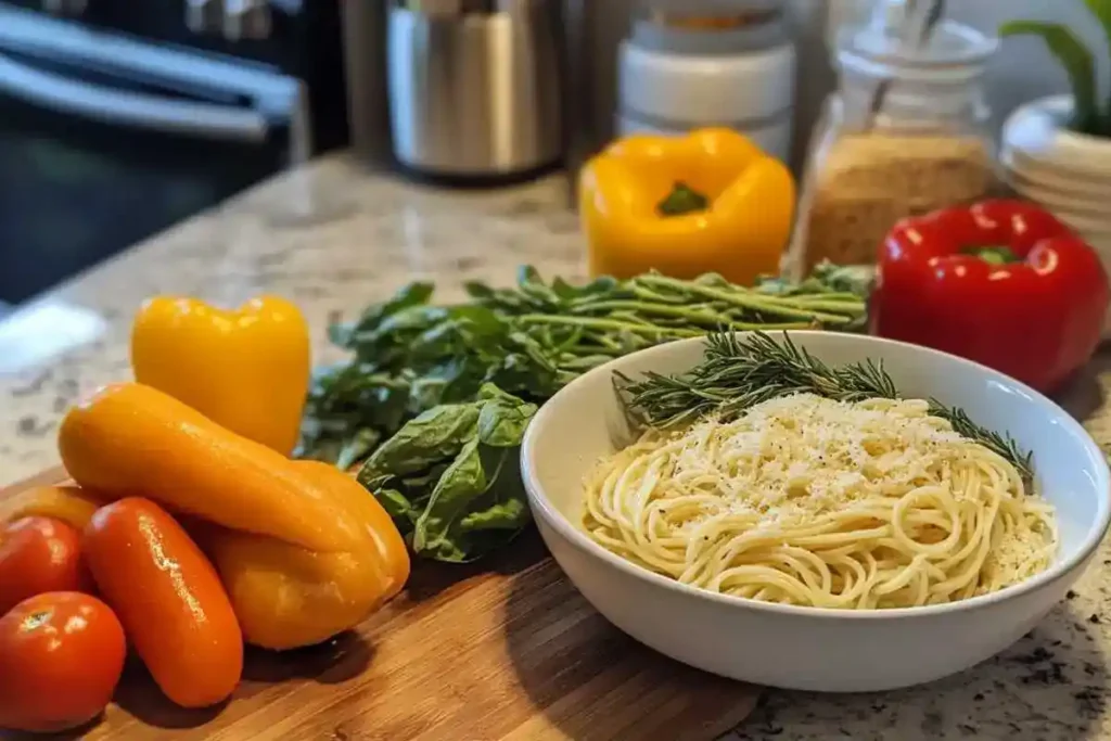 A colorful pasta salad made with fresh vegetables, herbs, and a light dressing, perfect for a refreshing and healthy meal.