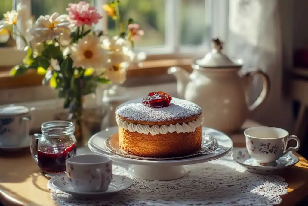  Victoria sponge cake with fresh cream and jam on a ceramic plate