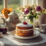 Close-up of a Victoria sponge cake with powdered sugar topping